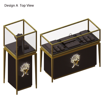 Brossage de bijoux en acier inoxydable doré personnalisé vitrine de match stockage en bois noir avec illumination