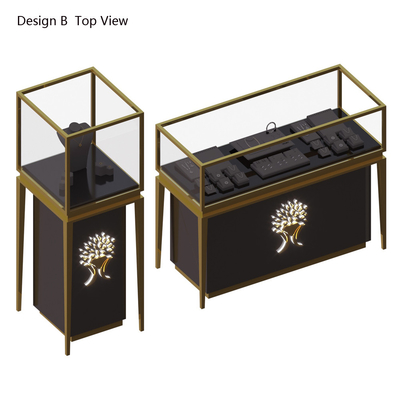 Brossage de bijoux en acier inoxydable doré personnalisé vitrine de match stockage en bois noir avec illumination