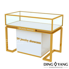 Table de bijoux en or brossé blanc brillant sur mesure avec écran en verre et serrures